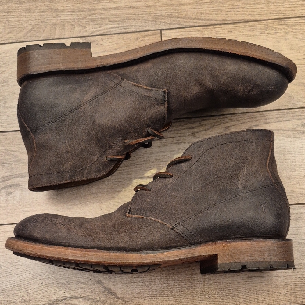 FRYE Bowery Dark Grey‎ Leather Distressed Sz 9 D Mens Lace Up Chukka Boots